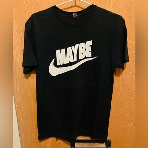 Black Graphic Tee with 'Maybe’ Swoosh Design